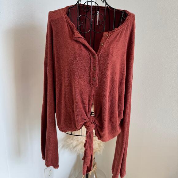 Free People Emma's Henley Tie Front Cozy Terry Cloth Long Sleeve Top Size Large - Picture 2 of 9